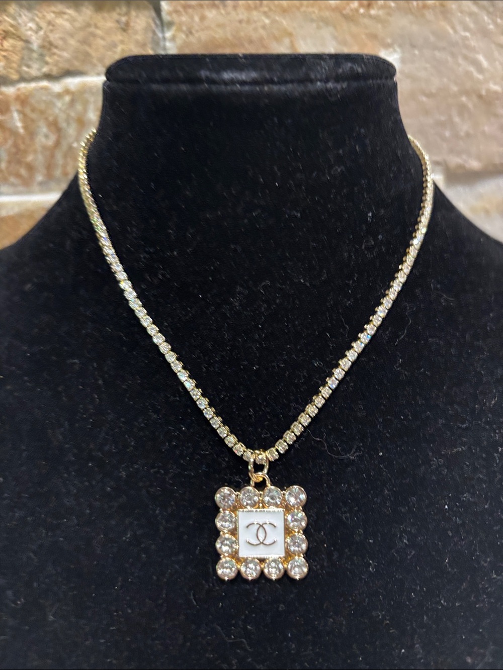 Gold Crystal Square Pendant with Logo on tennis necklace